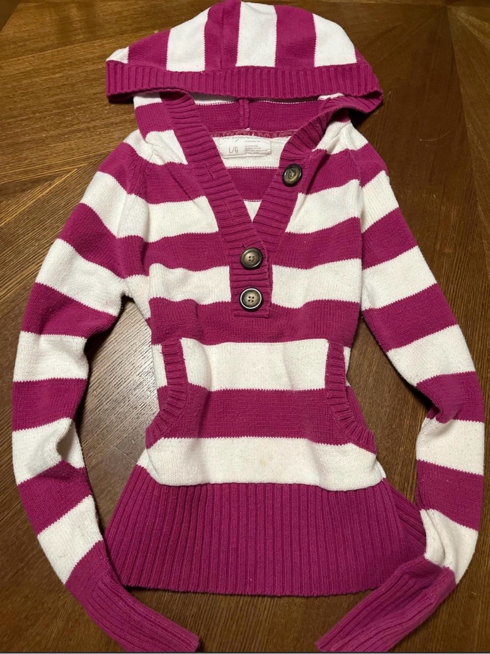 Aeropostale Pink and White Striped V-Neck Hooded Sweater